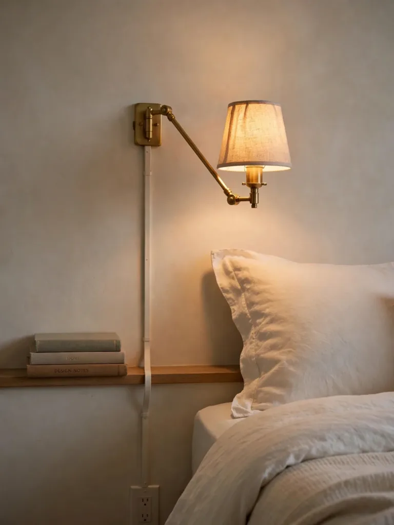 Plug-in swing-arm wall sconce with linen shade beside a bed in a small bedroom