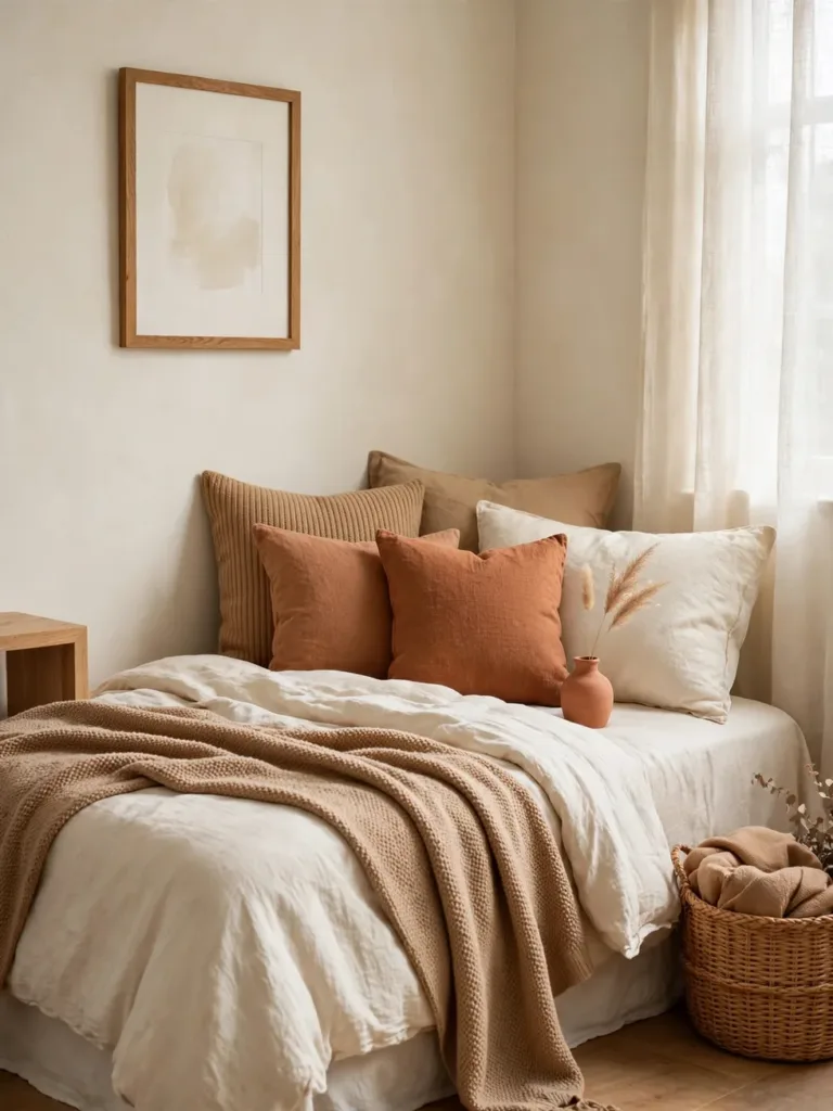 Bedroom styled in a three-color palette of cream, camel and terracotta textiles