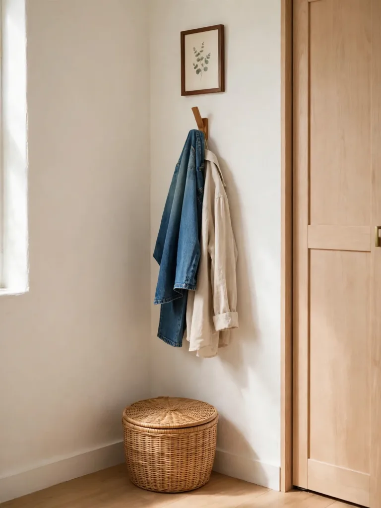 Wall hook with worn-once clothes and a lidded basket as a bedroom landing spot