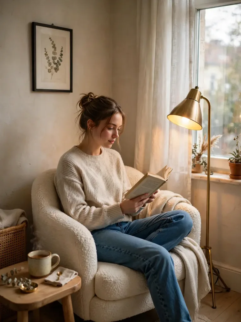 Compact armchair reading corner with warm light in a cozy small bedroom