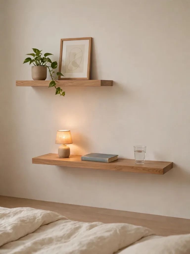 Two floating shelves with a lamp and books beside a bed, floor kept clear