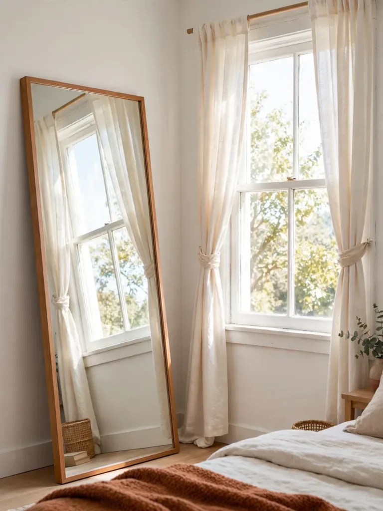 Full-length leaner mirror in a slim wood frame opposite a bedroom window