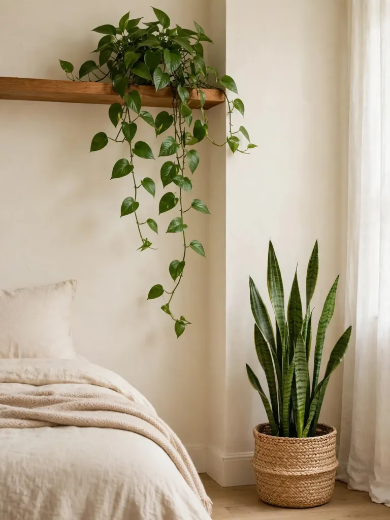 Trailing pothos on a shelf and snake plant in a woven basket in a small bedroom