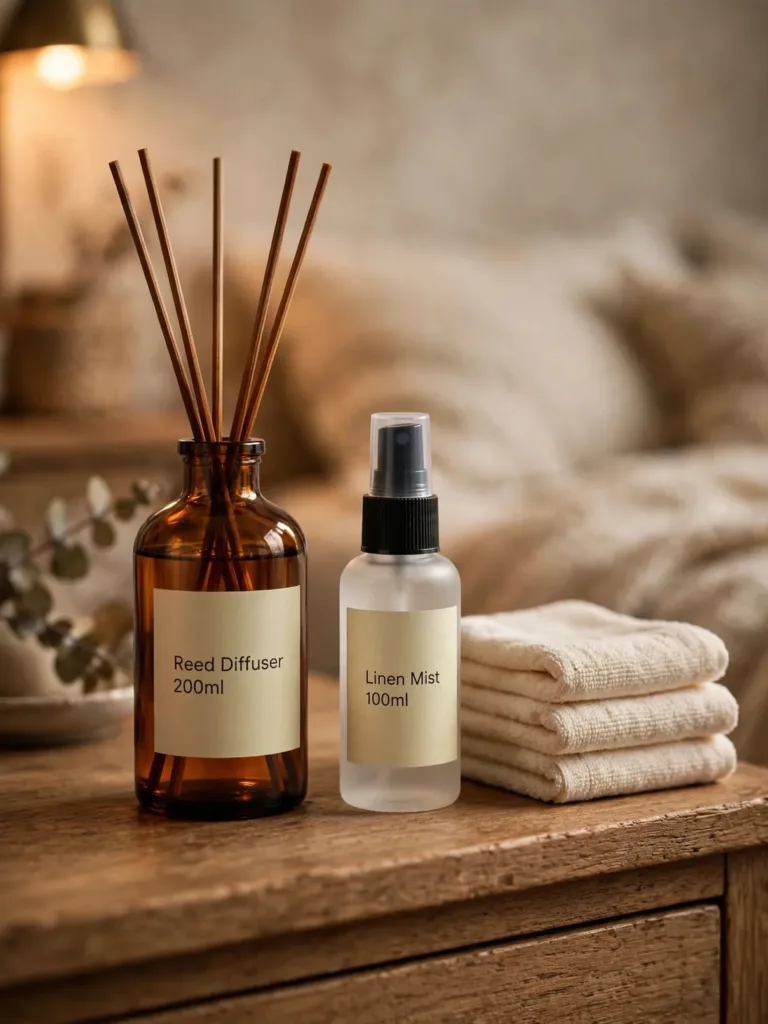 Reed diffuser and linen mist spray with professional labels on a bedroom dresser