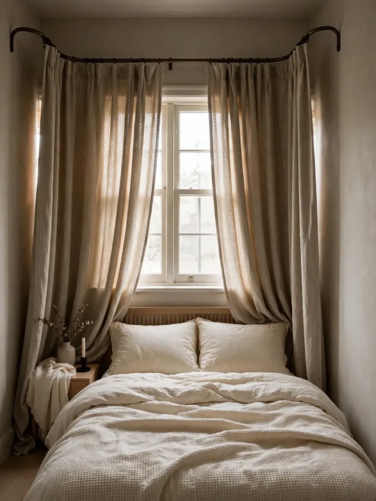 Blackout curtains on a wraparound curtain rod hung high and wide in a small bedroom