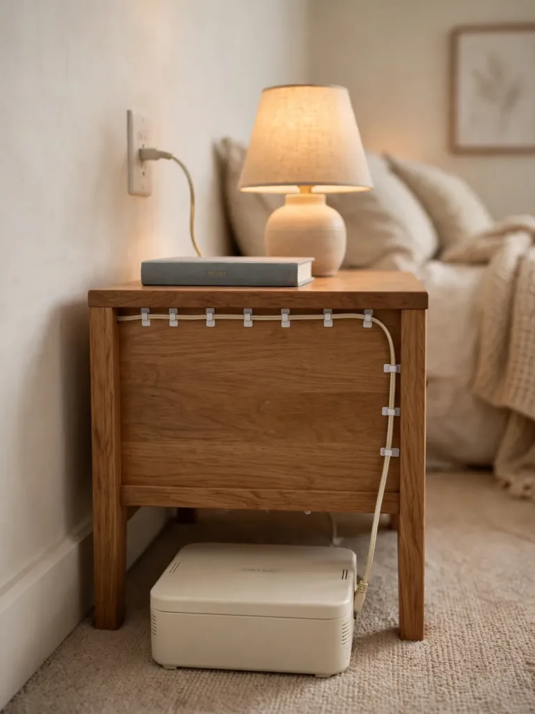 Lidded cable box hiding chargers behind a bedroom nightstand