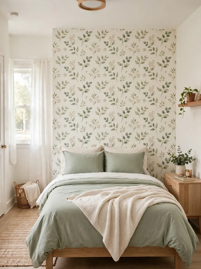 Subtle botanical peel-and-stick wallpaper accent wall in a small rental bedroom