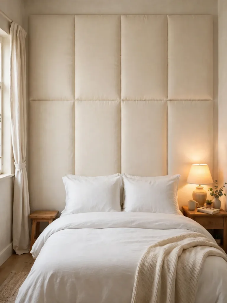 Peel-and-stick upholstered wall panels forming a headboard behind a bed