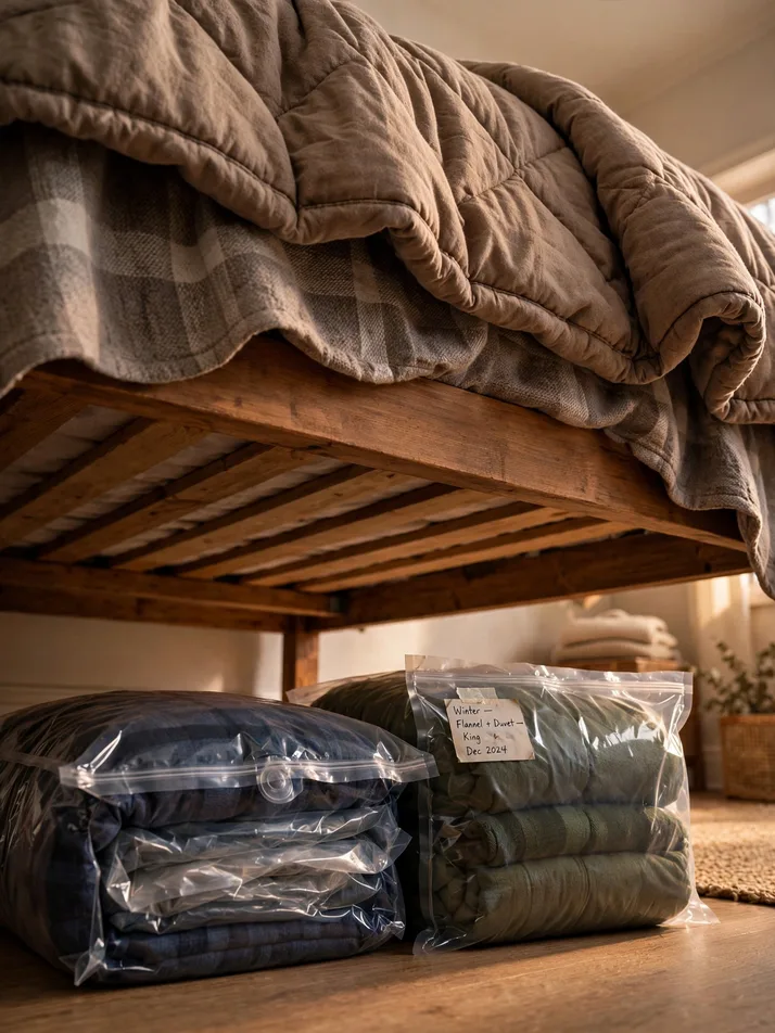 Vacuum-seal storage bags with off-season bedding slid under a bed
