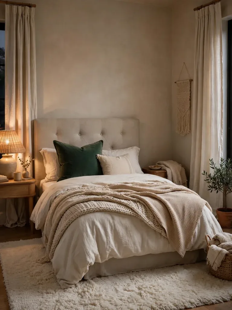 Upholstered headboard, rug and curtains softening sound in a small bedroom