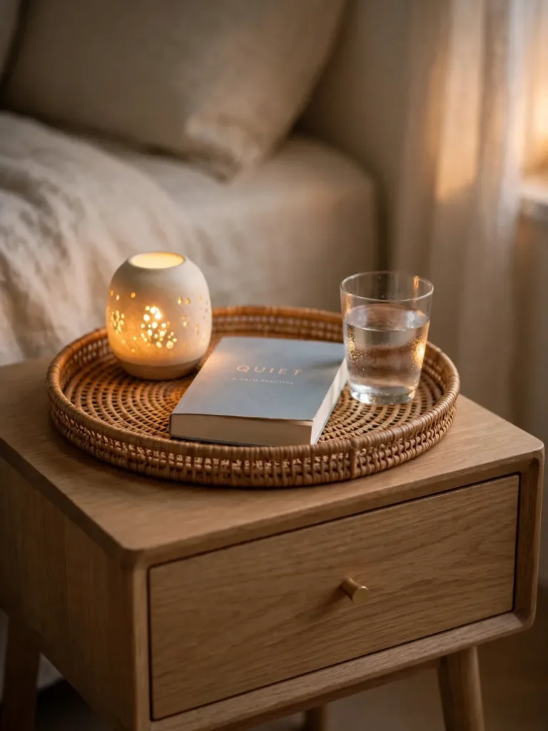 Minimal nightstand with only a lamp, book and water glass on a tray