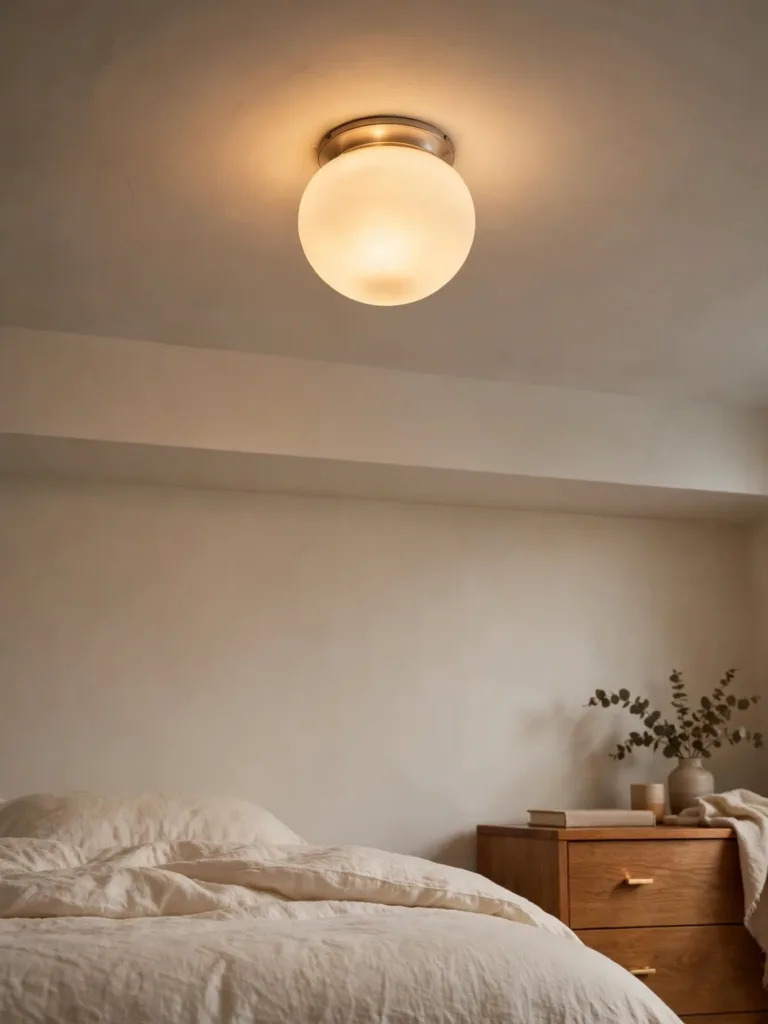 Warm frosted-glass globe flush-mount light on a low bedroom ceiling