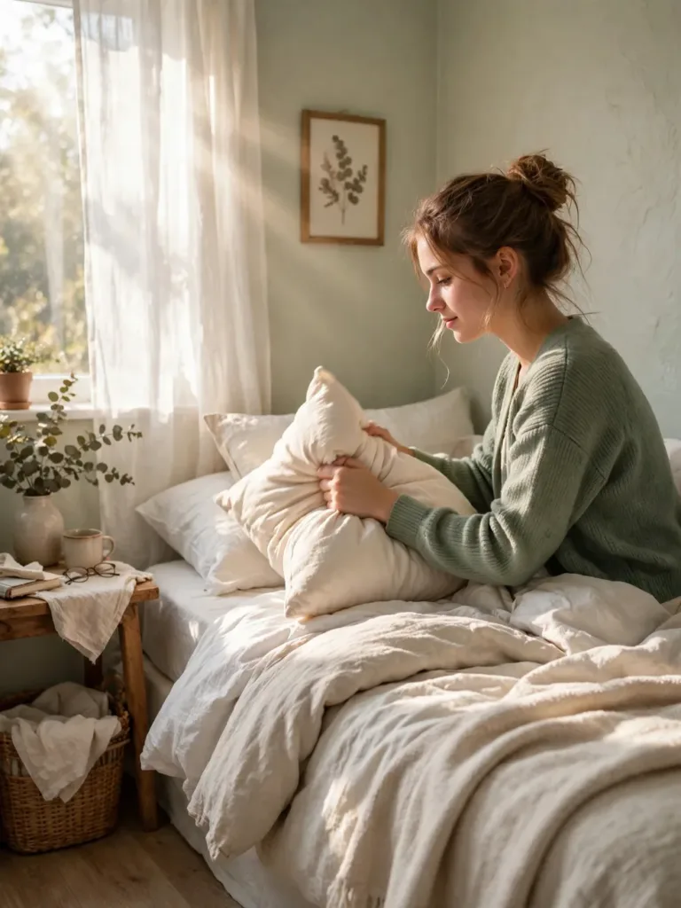 Woman fluffing pillows during a morning bed reset in a sunlit small bedroom
