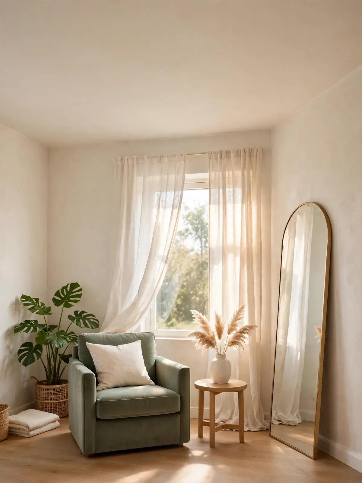 Sunlit reading corner with a sage armchair, indoor plants, and an arched mirror