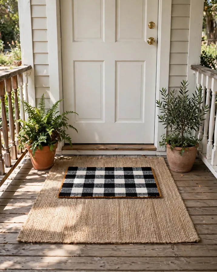 Black-and-white buffalo check doormat layered over a neutral outdoor rug in front of an apartment door