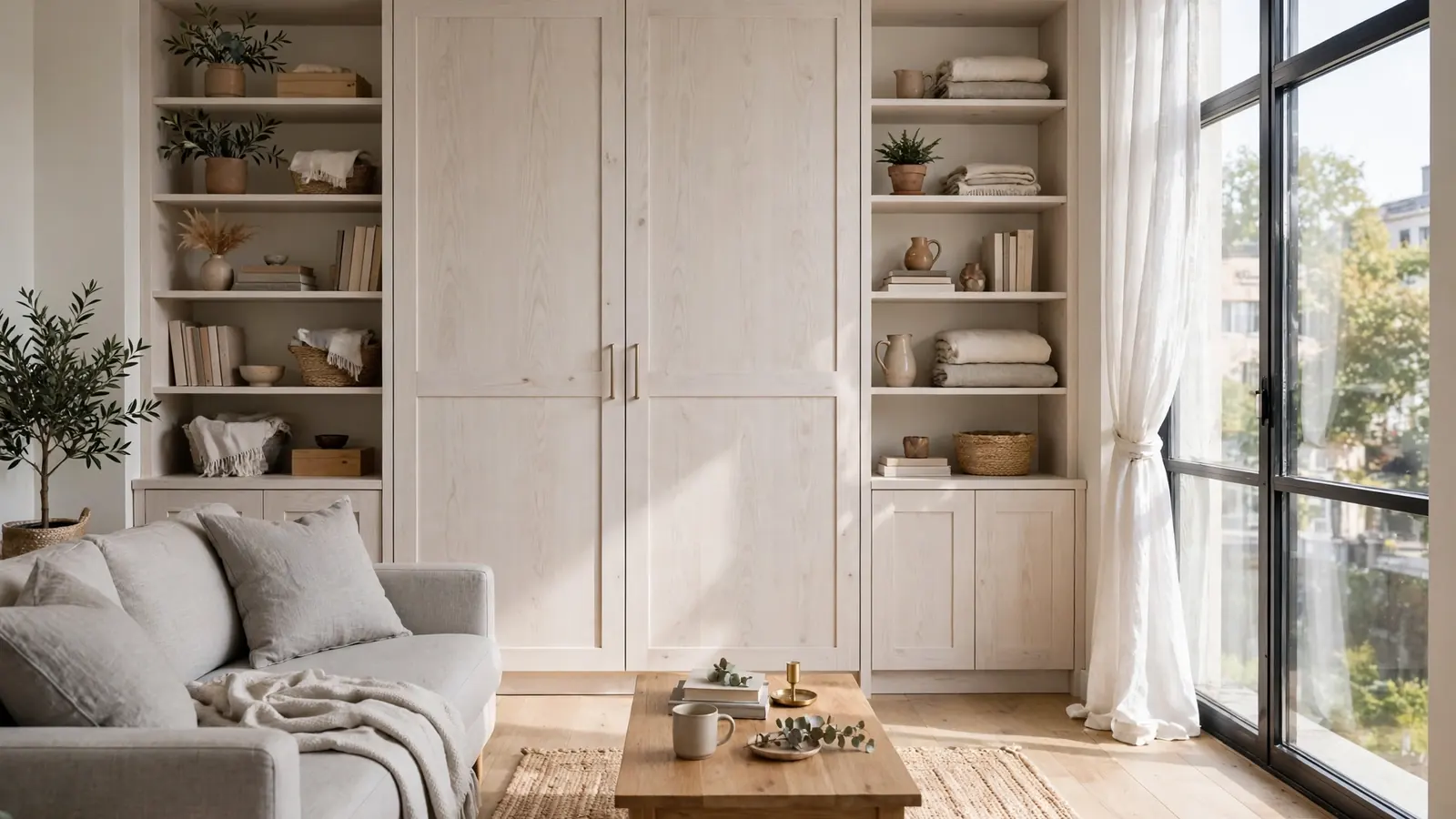 Murphy beds for small apartments: closed white-oak wall bed styled as a wardrobe wall in a bright studio