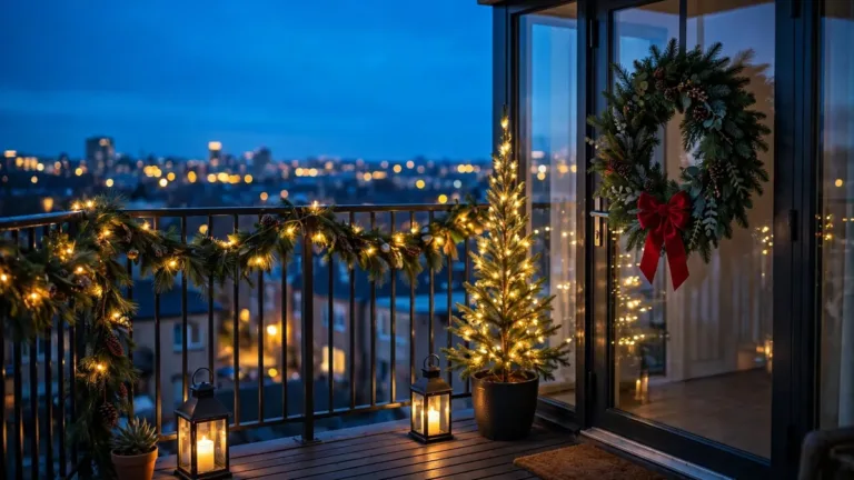 Small outdoor Christmas decor ideas: a tiny apartment balcony at dusk with a pre-lit pencil tree, wreath on the door, garland with fairy lights on the railing, and glowing lanterns
