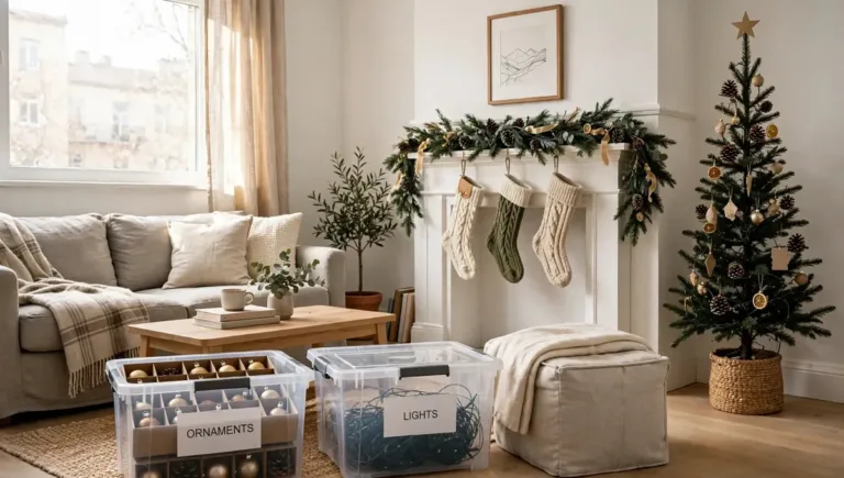 Small apartment seasonal decor storage: labeled ornament and light bins beside a storage ottoman in a bright small living room with a slim Christmas tree
