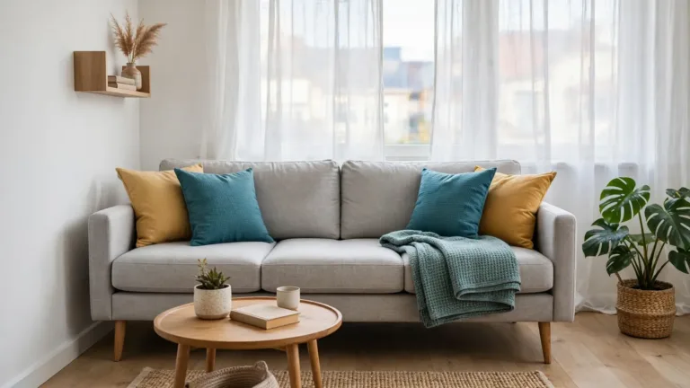 A compact sleeper sofa styled in a bright studio living room, one of the best sofa beds for small apartments