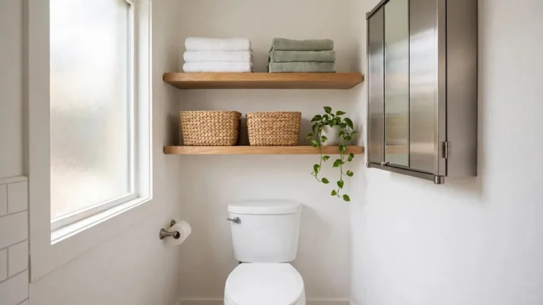 Small bathroom storage ideas with floating shelves above the toilet holding folded towels and baskets