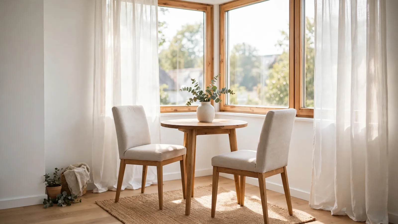 Round wooden table with two chairs in a bright corner, one of 22 dining tables for small spaces
