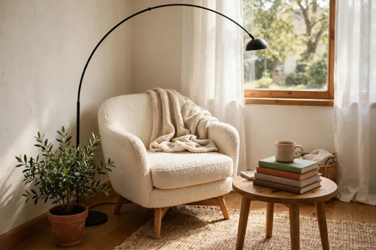 Comfy reading chair for small spaces styled in a bright living room corner with arc floor lamp and side table