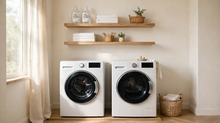 Laundry room organization small space: bright compact laundry room with floating shelves over washer and dryer