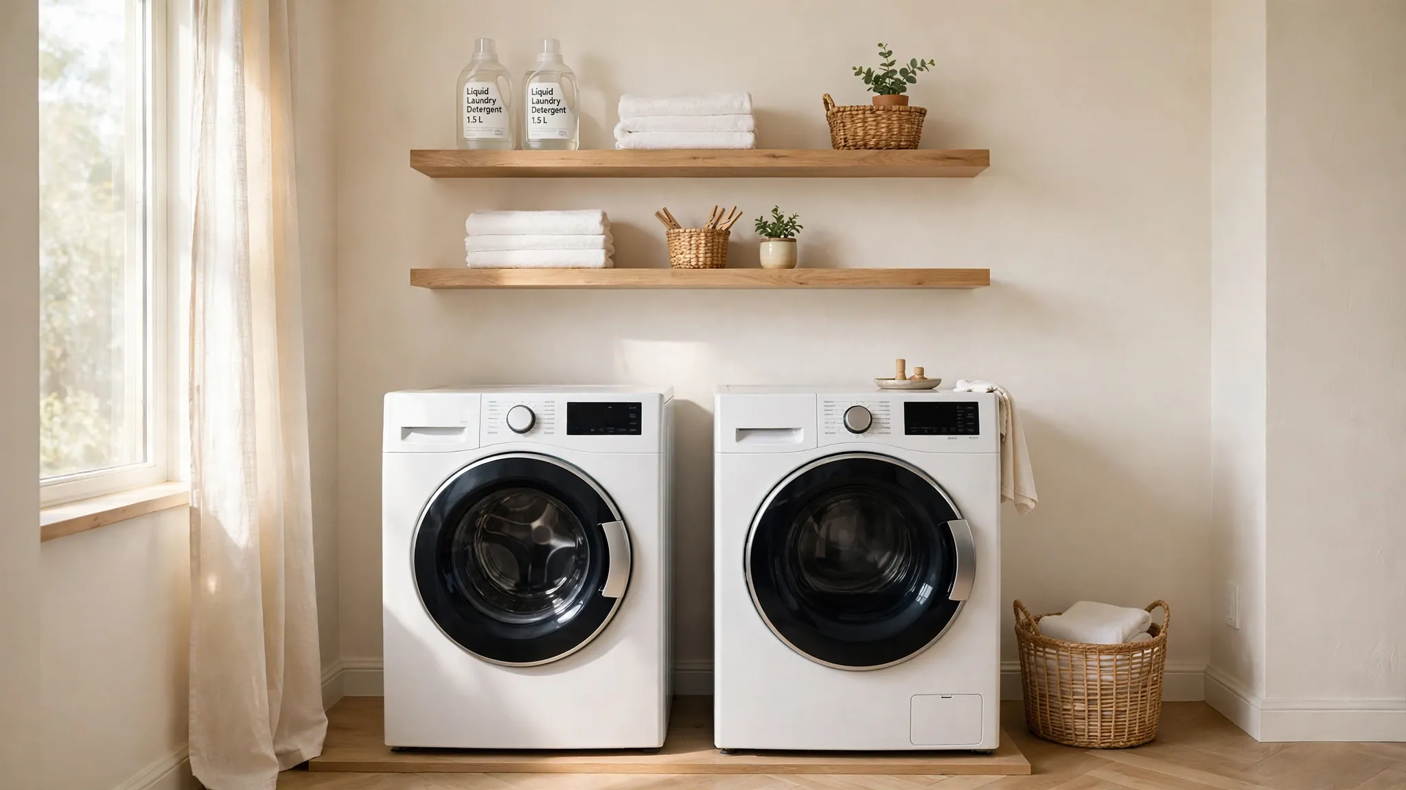 Laundry room organization small space: bright compact laundry room with floating shelves over washer and dryer