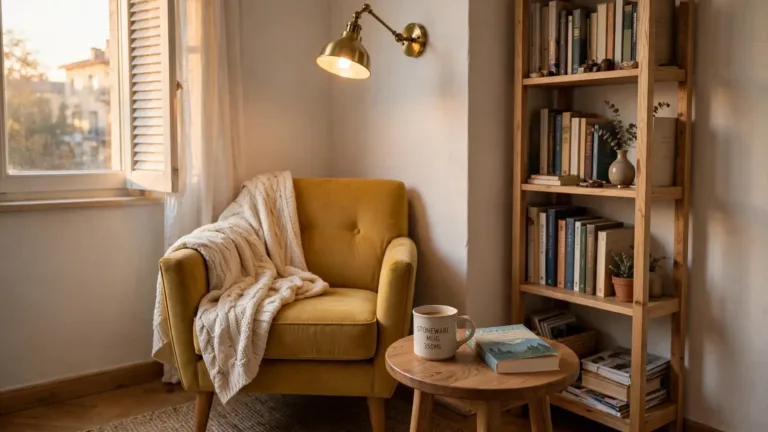 Cozy reading nook ideas for tiny apartments: armchair corner with warm lamp and bookshelf