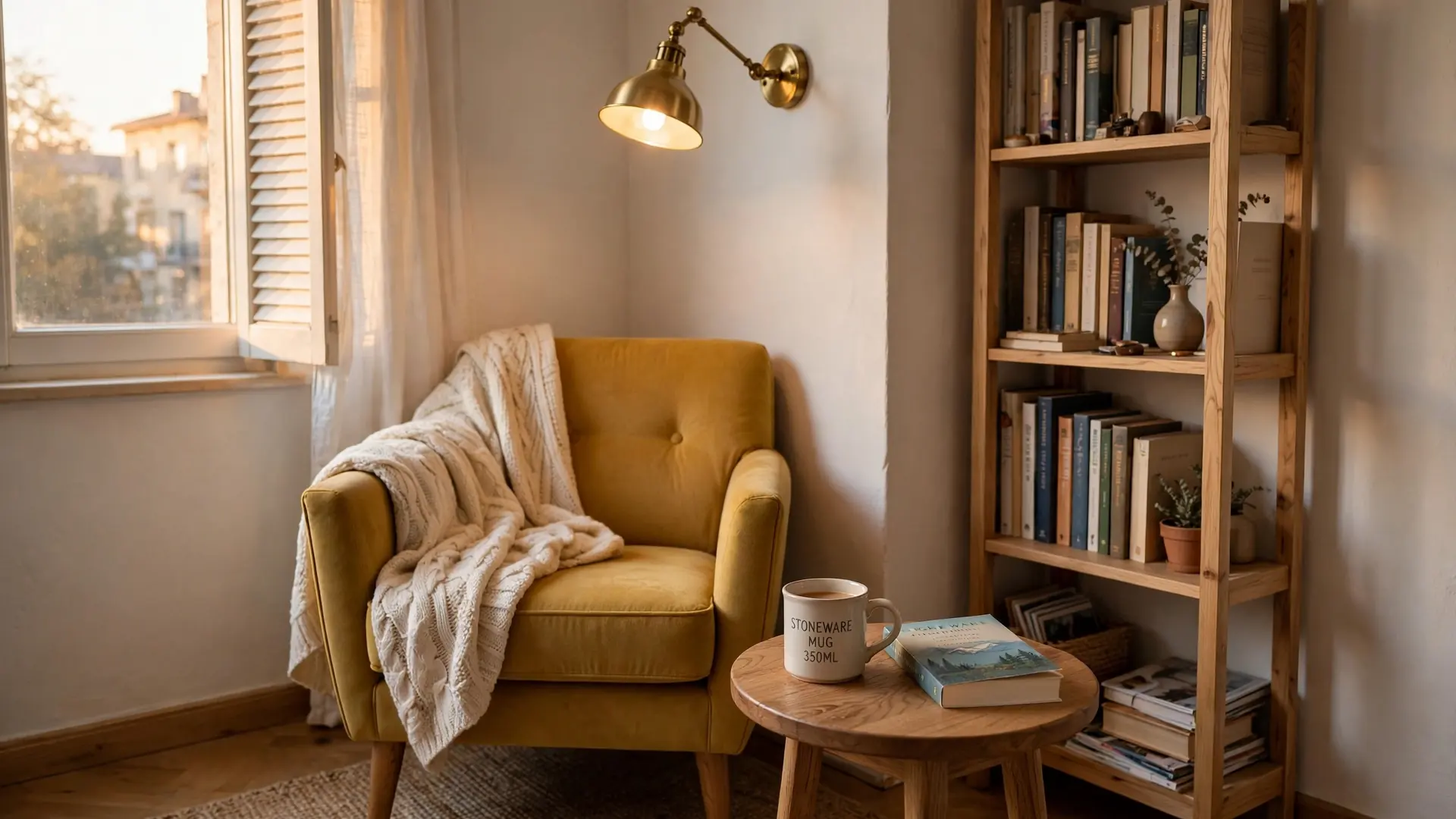 Cozy reading nook ideas for tiny apartments: armchair corner with warm lamp and bookshelf
