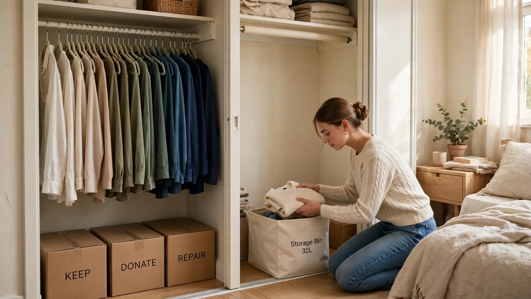 Wardrobe reset in a small apartment closet with sorted clothing piles and storage bins