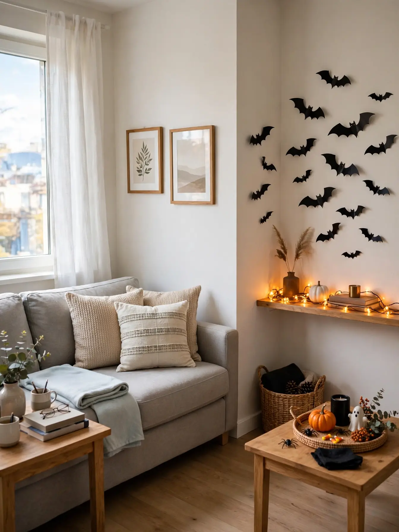 small apartment living room with Halloween decor concentrated in one corner zone