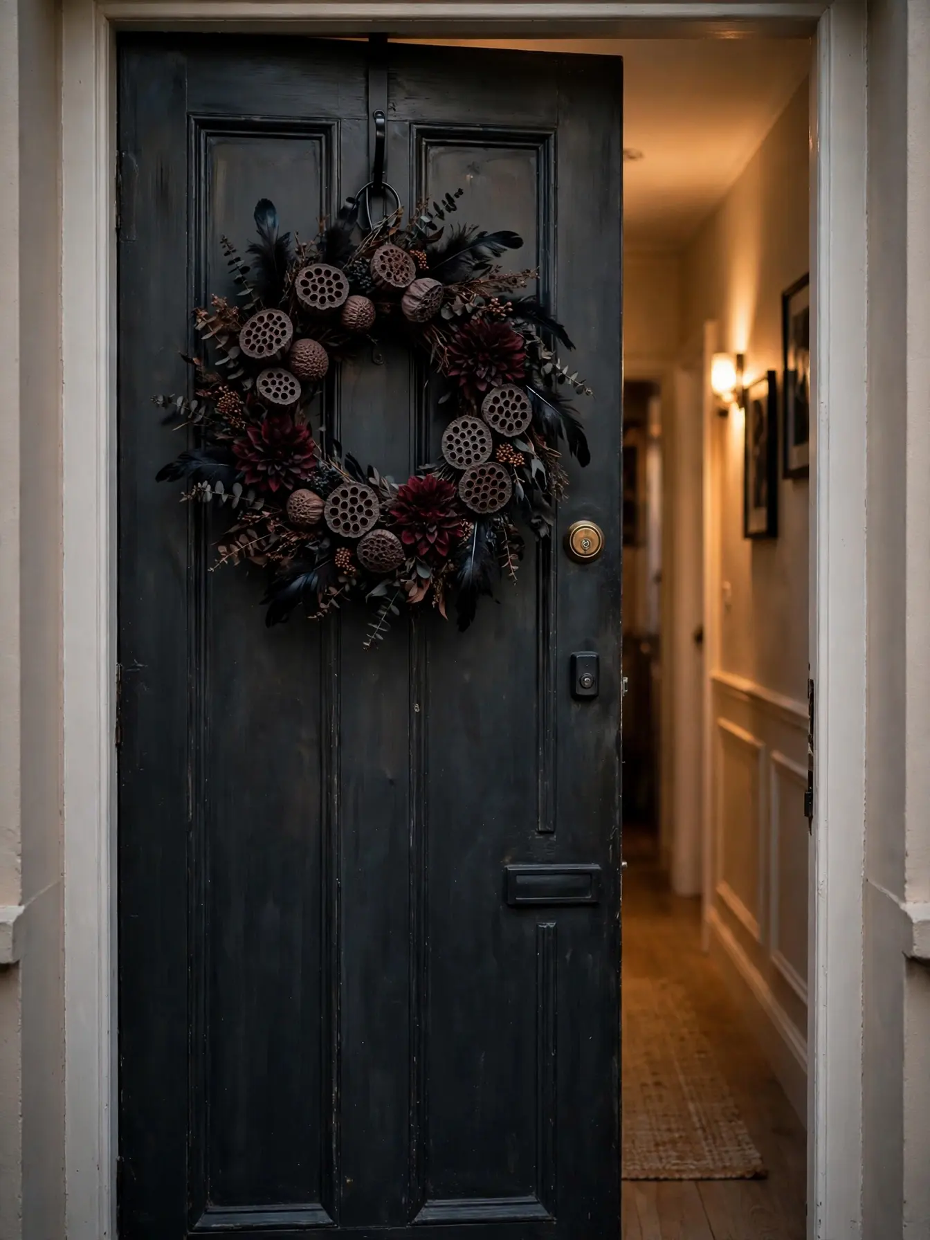dark Halloween wreath hanging on apartment front door with over-door hook