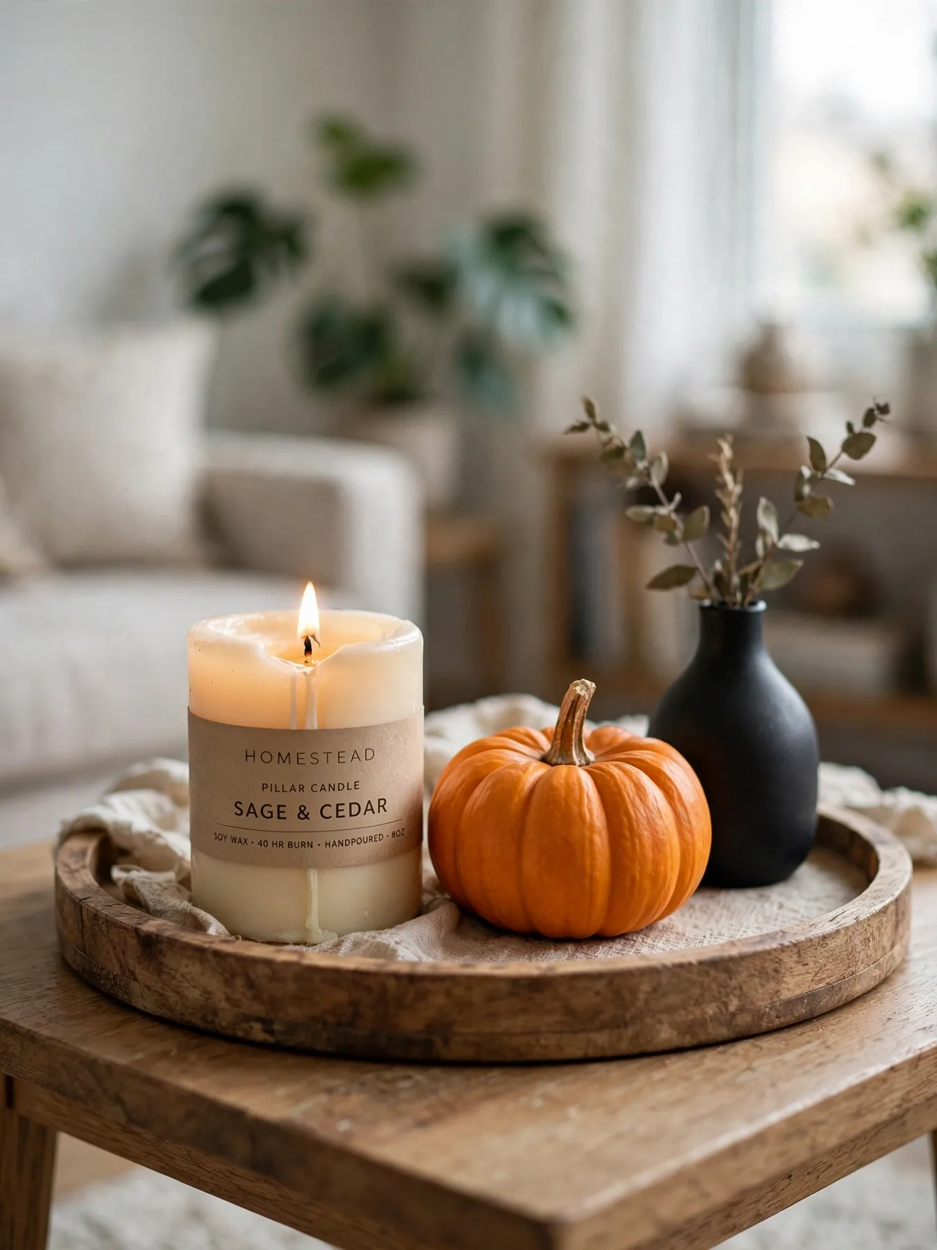 coffee table tray with candle mini pumpkin and black vase for Halloween