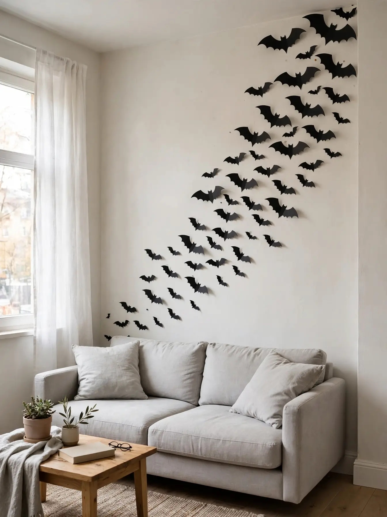 black paper bat cutouts arranged asymmetrically on small apartment wall