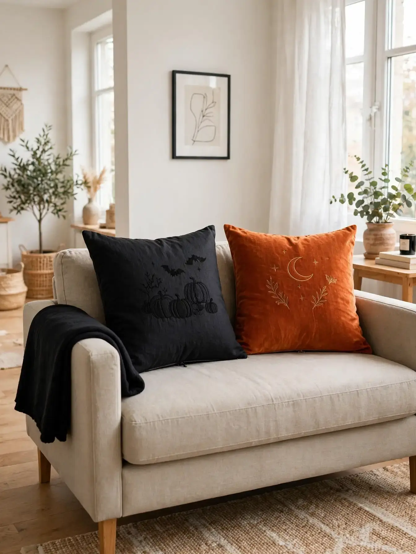 small sofa with black and burnt orange Halloween pillow covers