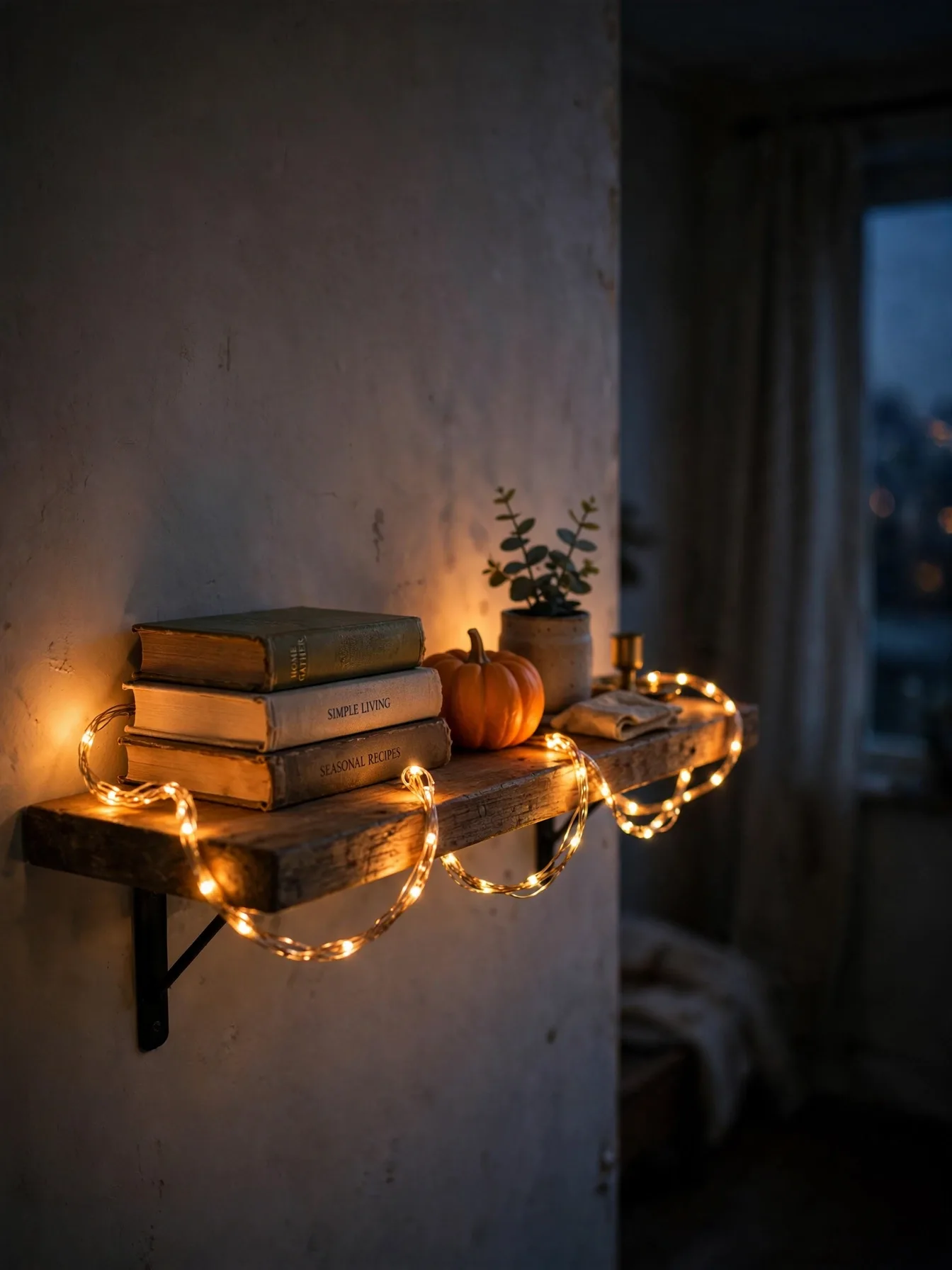 warm amber LED string lights draped along small apartment shelf