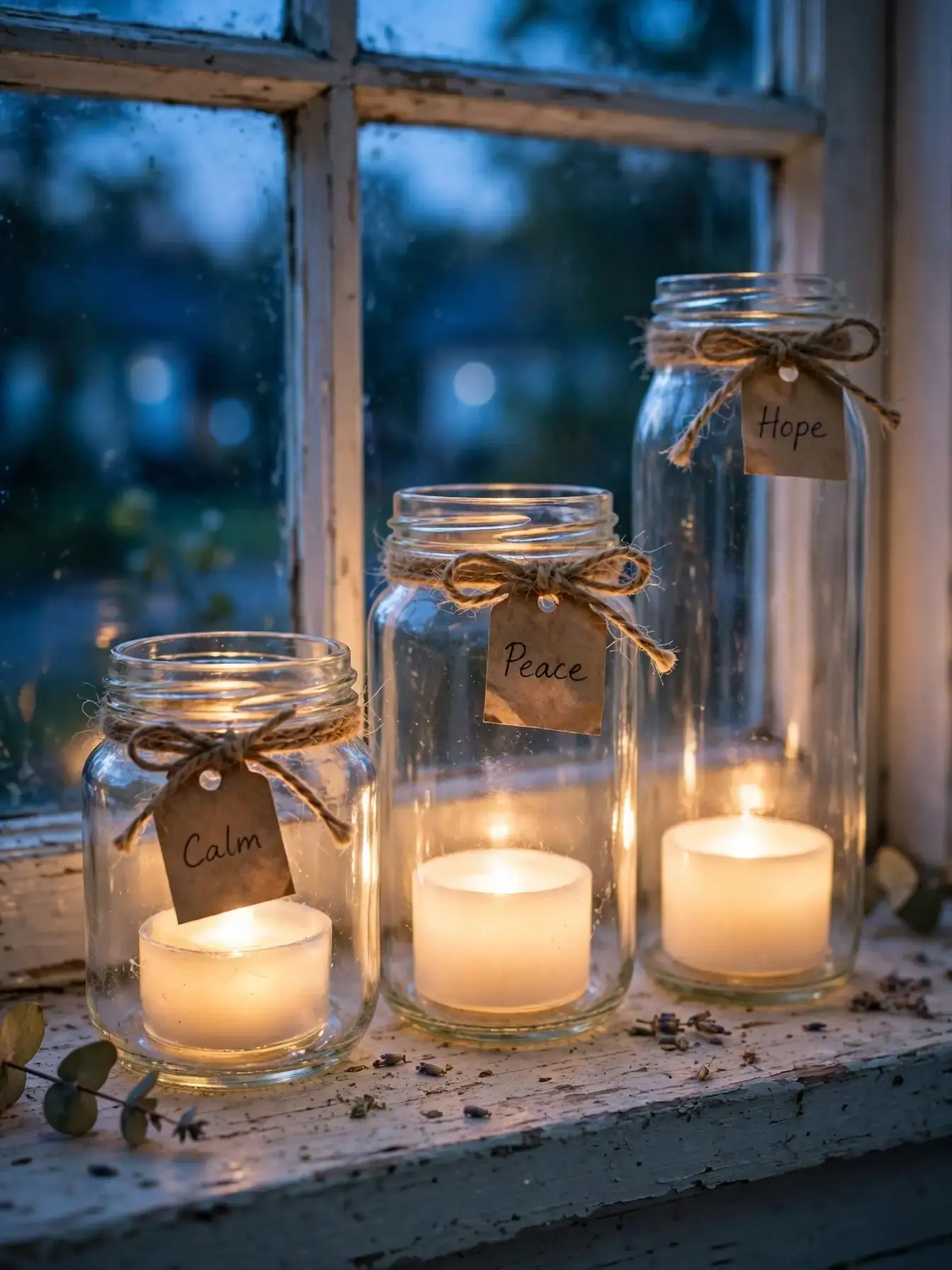 glass jars with battery tea lights and twine for Halloween decor