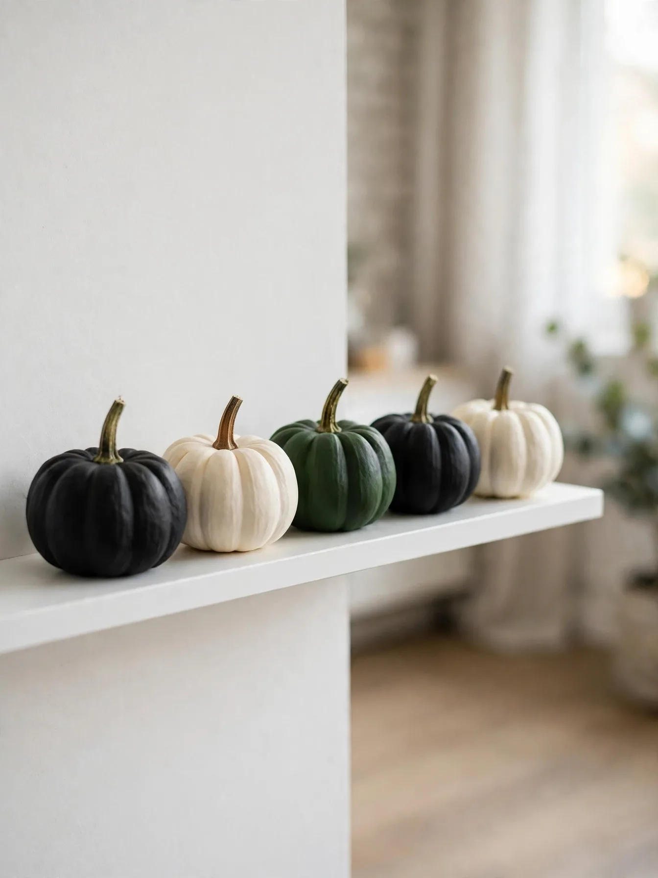 painted mini pumpkins in black cream and green on small apartment shelf