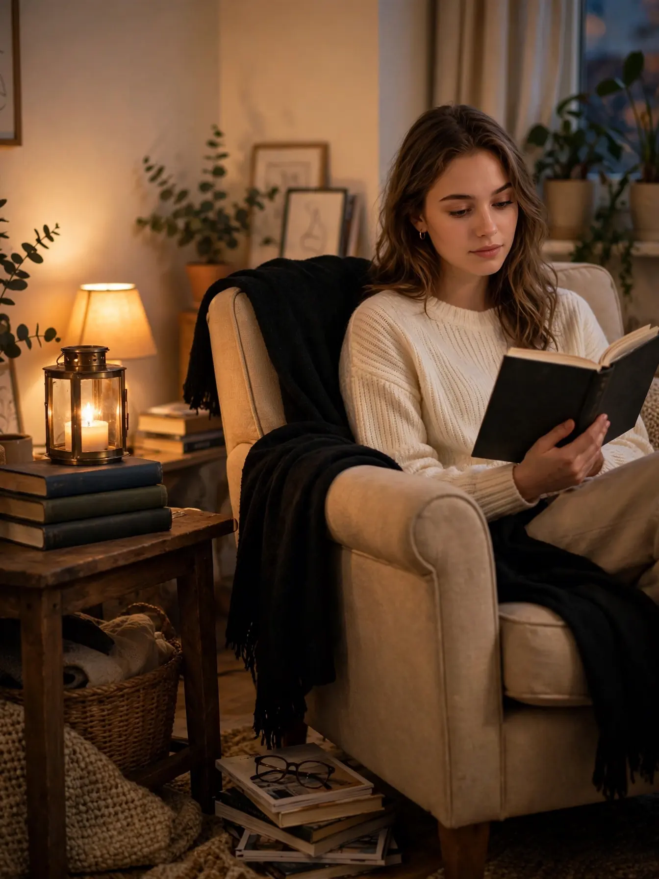 cozy Halloween reading corner with black throw and candle lantern