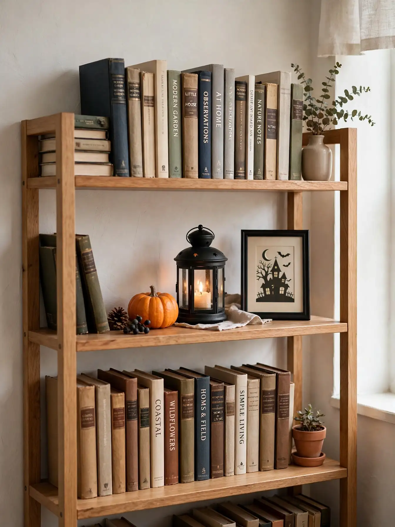 bookshelf with one shelf styled as Halloween vignette