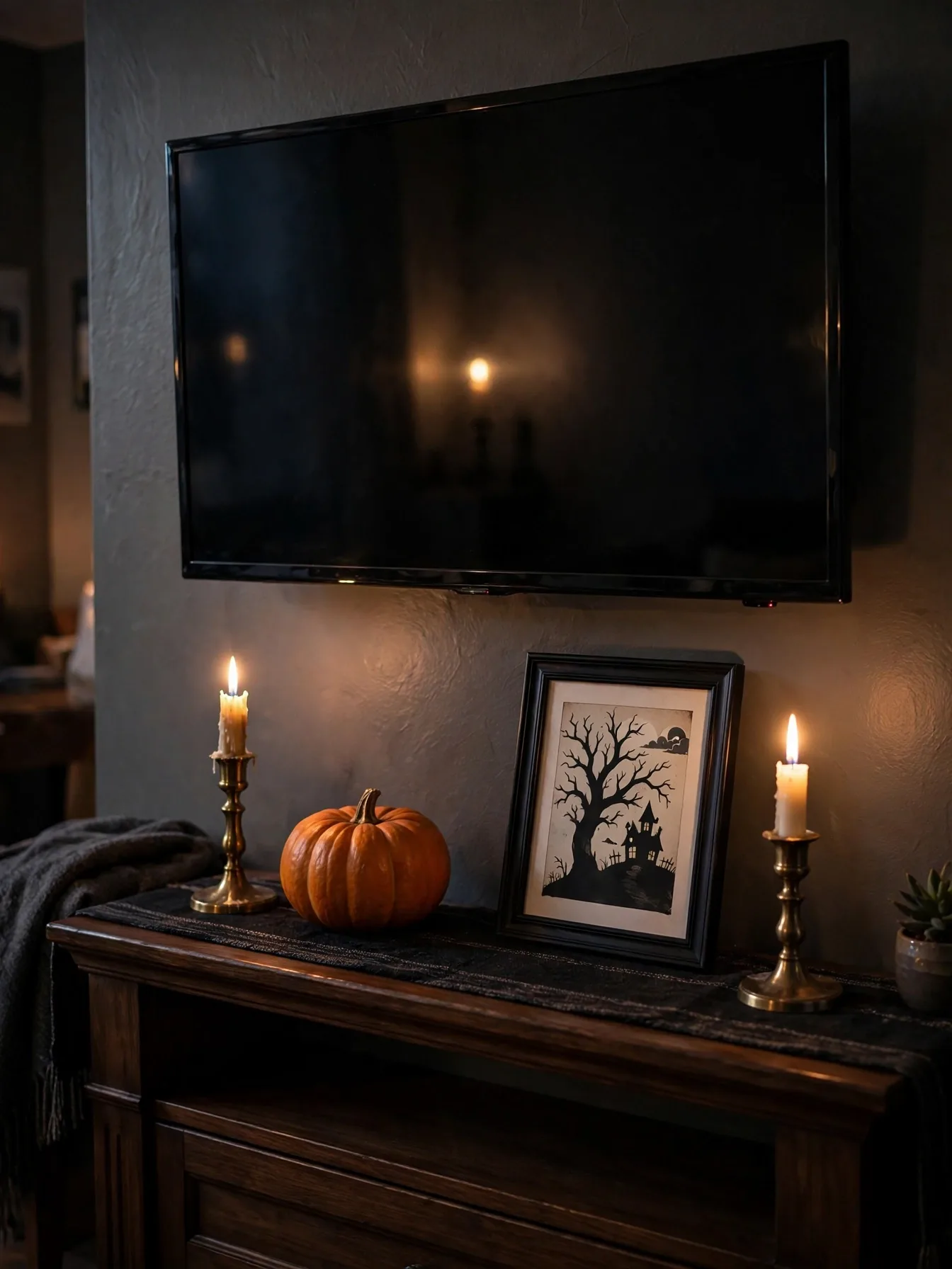TV console styled as faux mantel with candlesticks and pumpkin