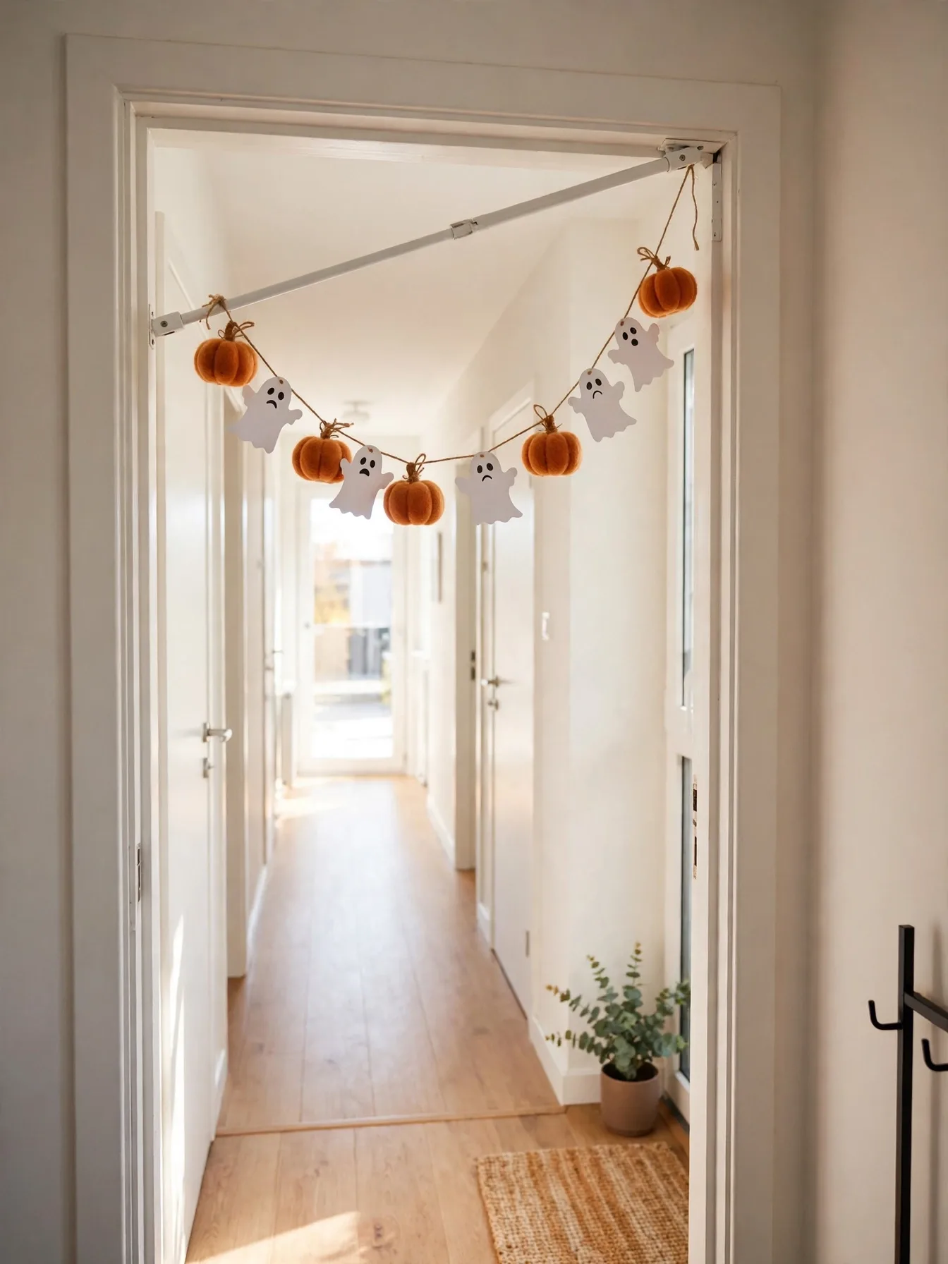 felt pumpkin garland hanging in apartment doorway on tension rod