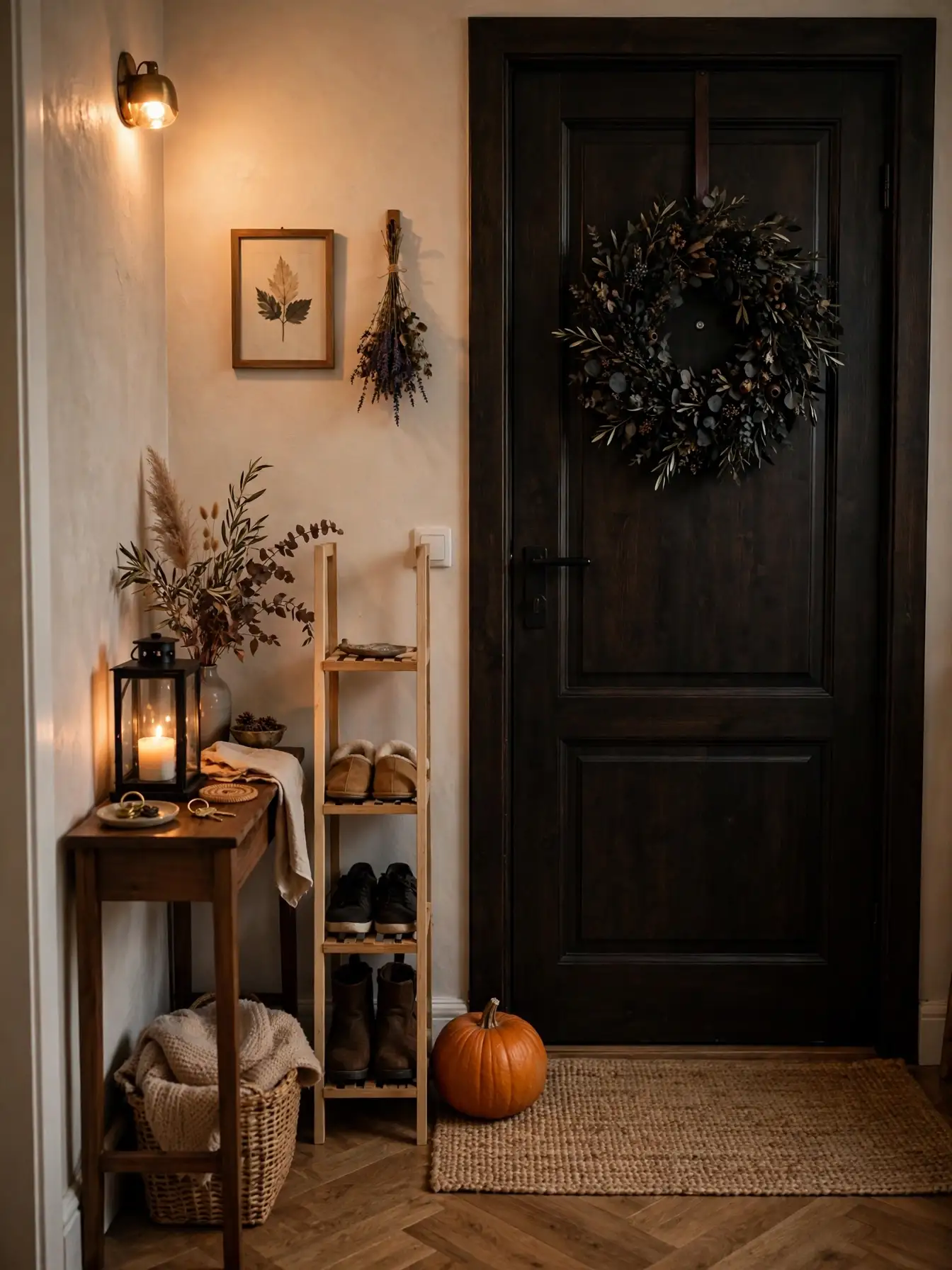 small entryway decorated for Halloween with wreath pumpkin and lantern