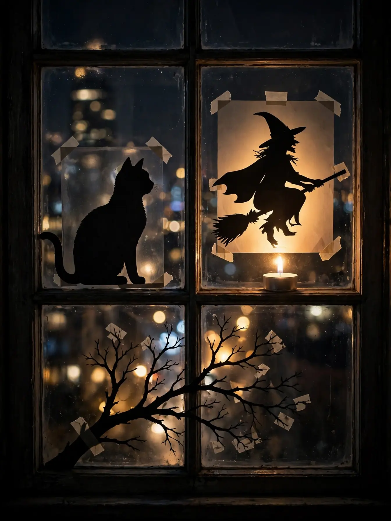 black Halloween silhouettes taped inside apartment window at night