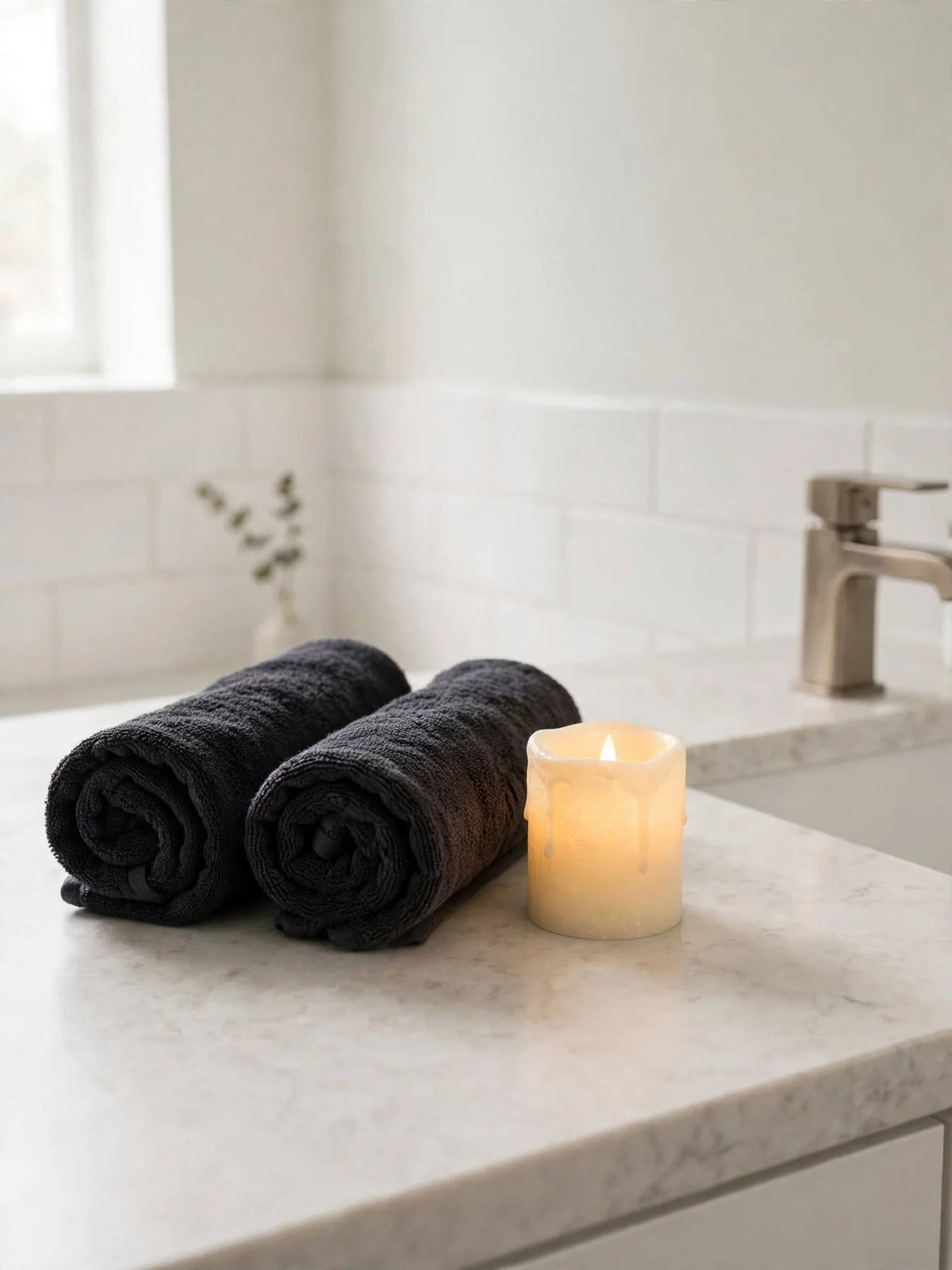 small bathroom with dark hand towels and LED candle for Halloween
