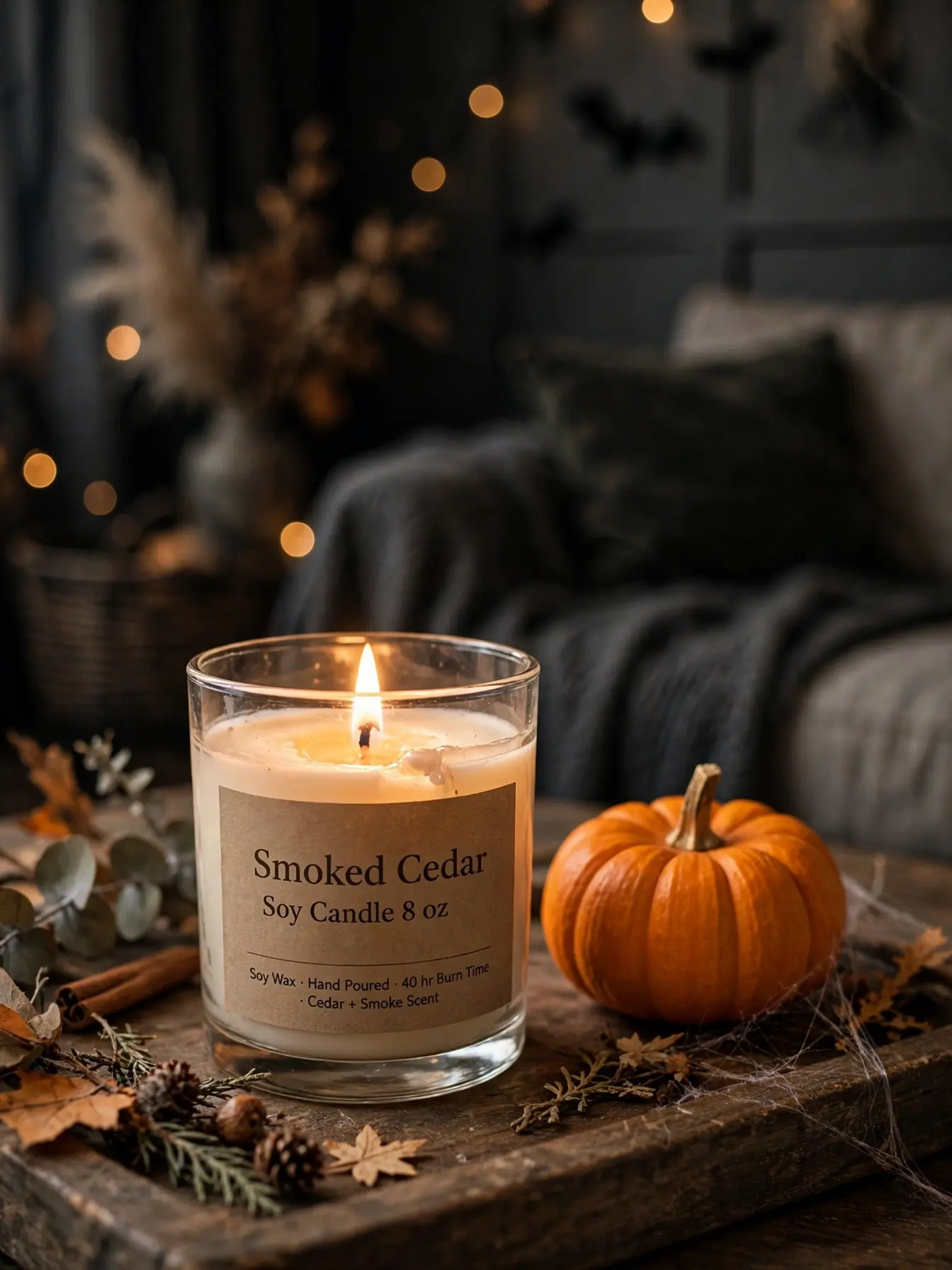 labeled fall scented candle in Halloween decorated living room zone