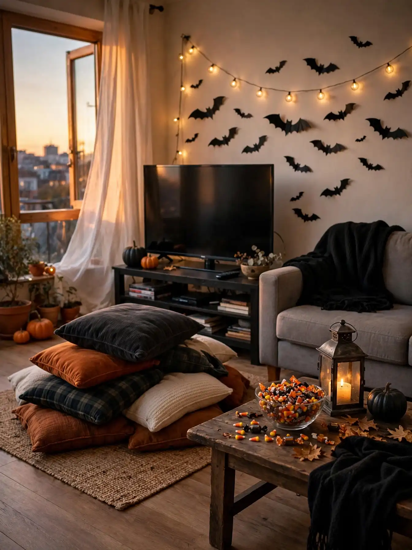 studio apartment movie night setup with floor cushions and Halloween decor