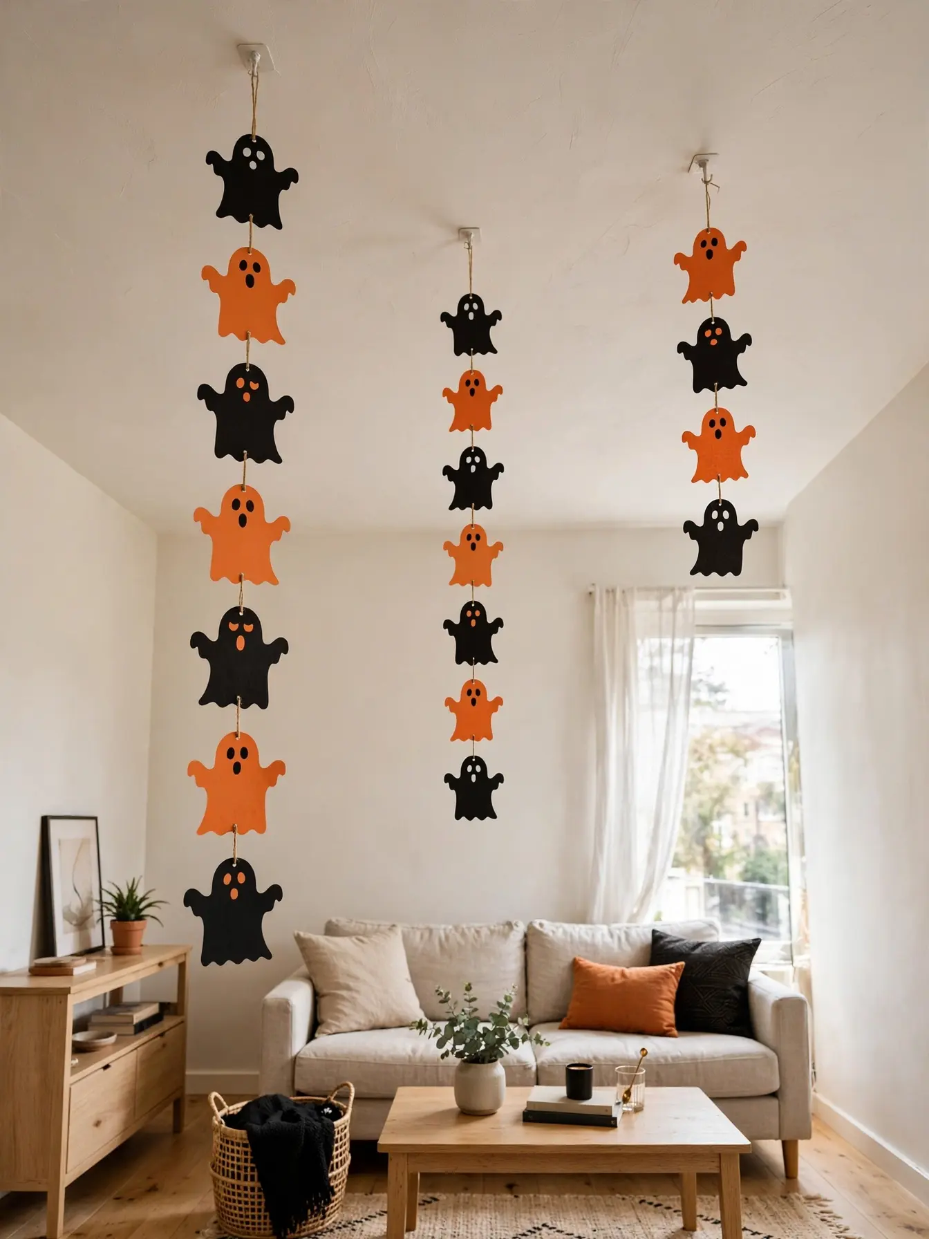 black and orange paper ghost garlands hanging from apartment ceiling