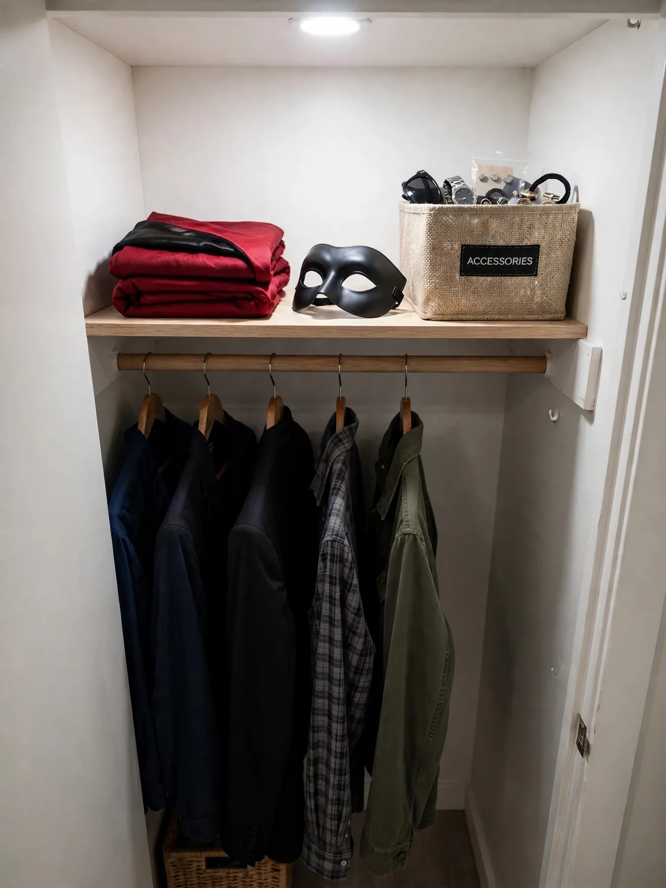 small closet shelf cleared for Halloween costume storage